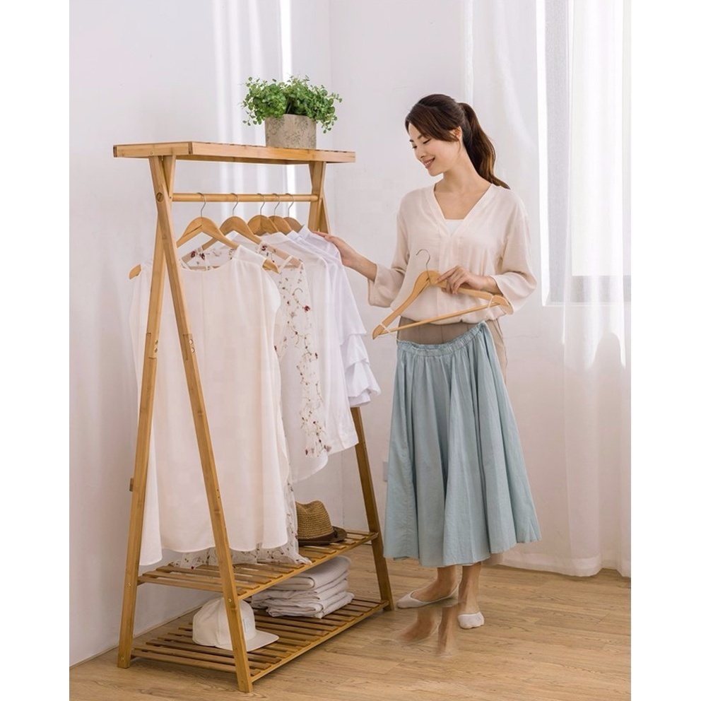 Home decoration display portable bamboo cloth hanger rack laundry storage basket coat rack