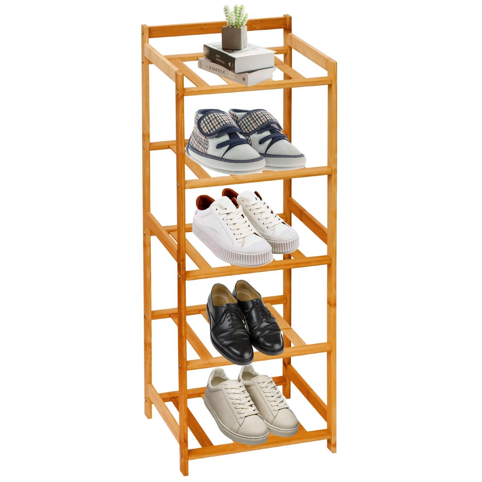 Narrow Bamboo Shoe Rack,5-Tier Shoe Rack for Skinny Shoe Rack for Small Spaces with Bamboo Shelf