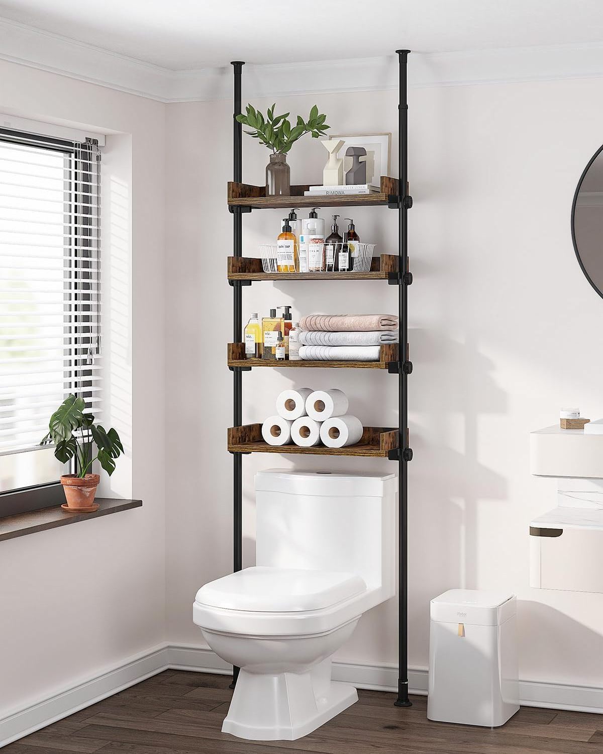 Storage Shelves above the Toilet Bowl with 4 Layers of Adjustable Wooden Shelves for Small Rooms Space-Saving Shelves