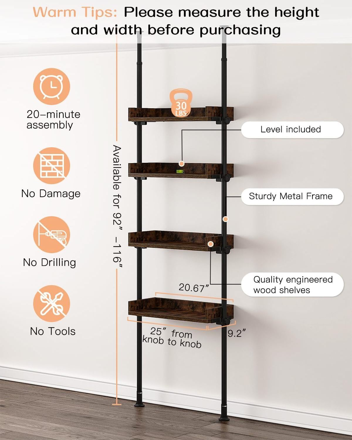 Storage Shelves above the Toilet Bowl with 4 Layers of Adjustable Wooden Shelves for Small Rooms Space-Saving Shelves