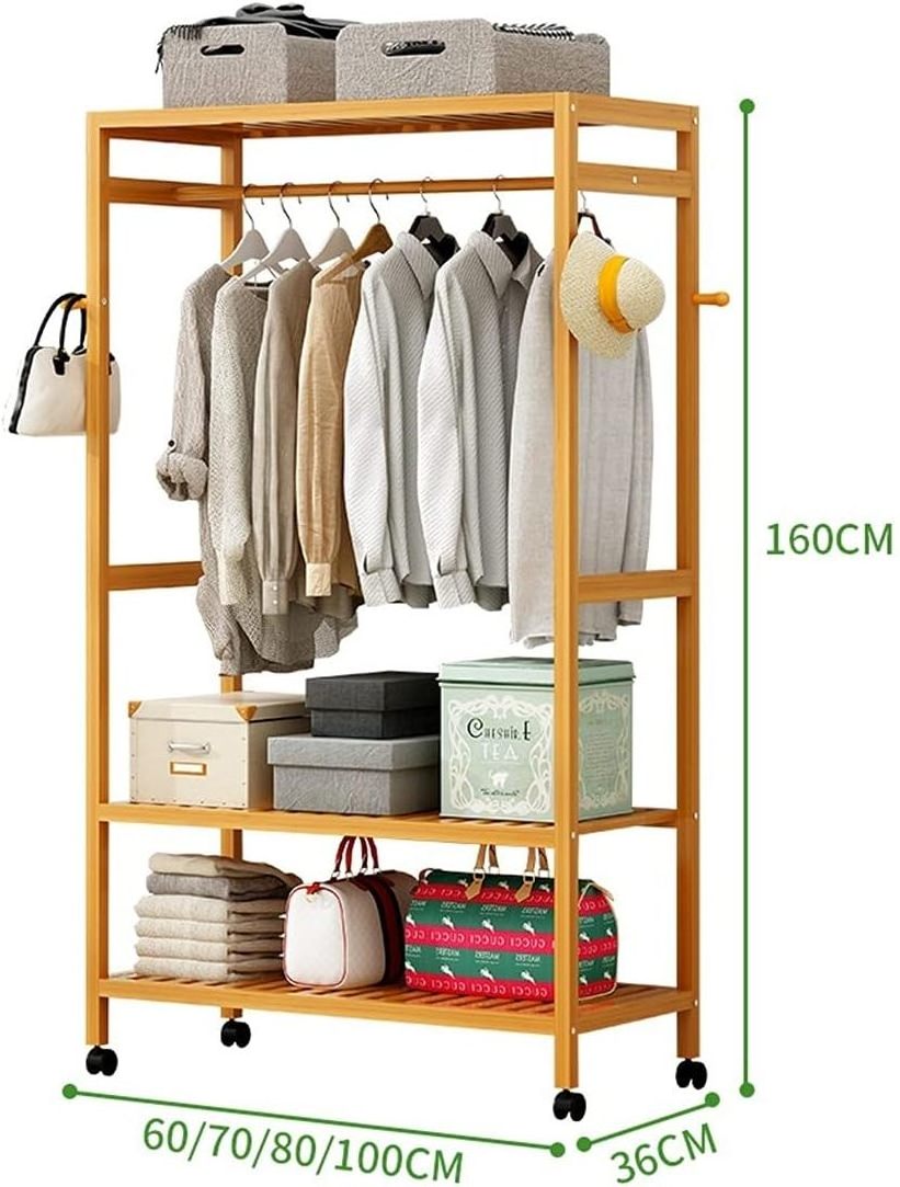 Coat Rack 3-In-1 Hanger Bamboo Hanger Swivel Hanger with Wheels 4 Side Hooks for Hanging Clothes in Laundry Room Bedroom