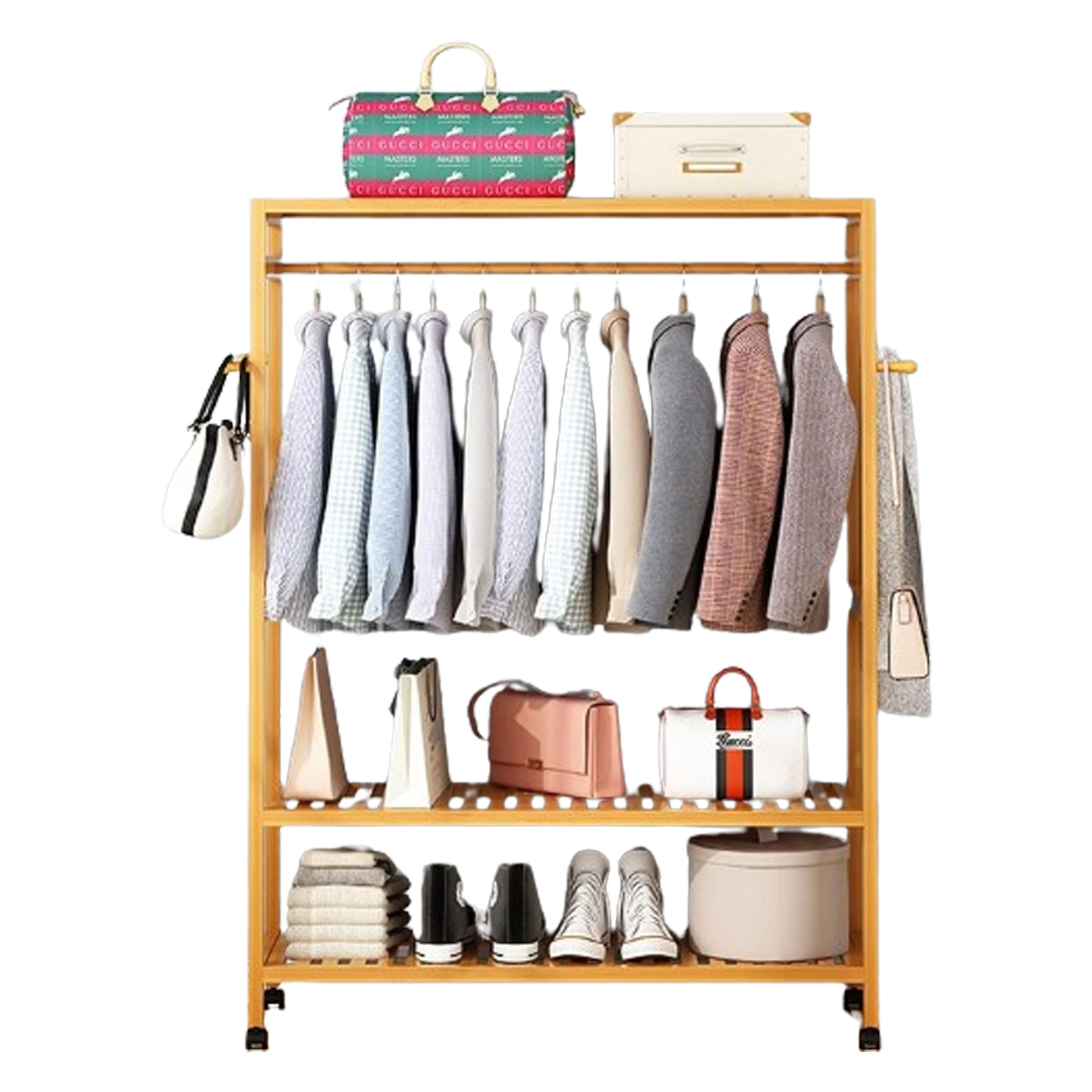 Coat Rack 3-In-1 Hanger Bamboo Hanger Swivel Hanger with Wheels 4 Side Hooks for Hanging Clothes in Laundry Room Bedroom