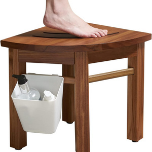 Waterproof Teak Shower Bench, Small Wood Shower Stool for Foot Rest, Corner Shower Stool for Inside Shower