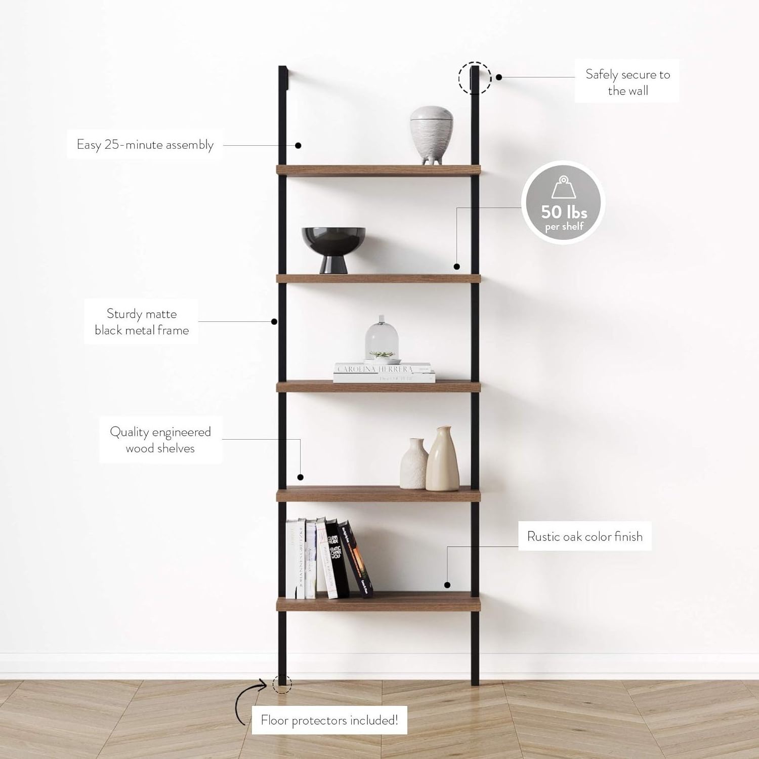 5 Shelves Oak Modern Bookcase Open Wall Mounted Ladder Bookcase with Industrial Black Metal Frame