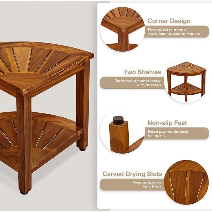 Teak Shower Stool 18 Inch Shower Stool Requires Assembly for Indoor Shower Corner Bench with Storage Shelf