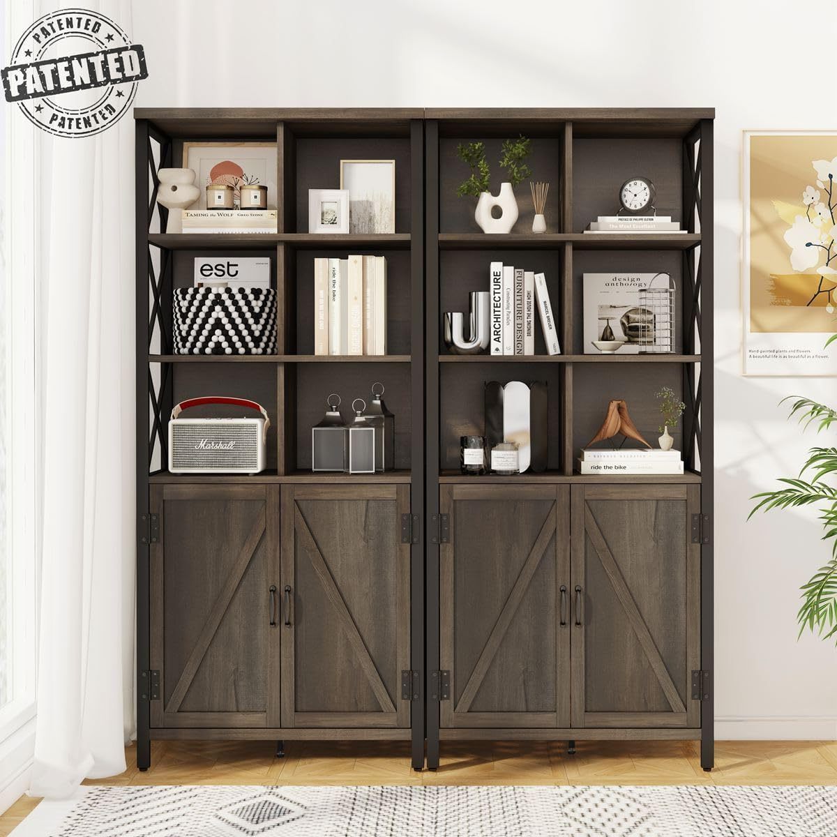 Country Bookcases with Doors Industrial Wooden Bookshelves Cabinets Tall Cabinet Bookshelves and Cube Storage Shelves