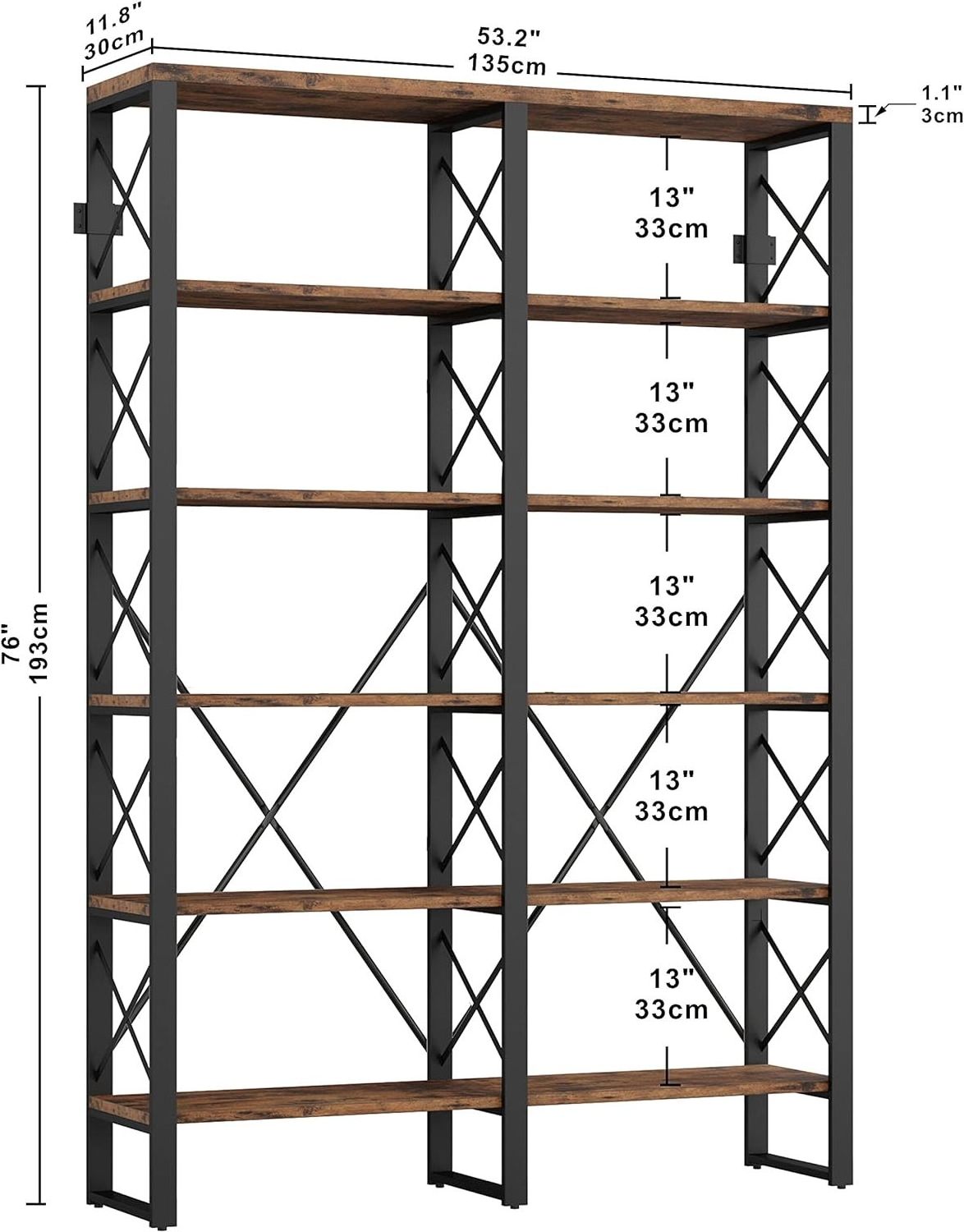 Bookshelf Double Open Large Bookcase Industrial Style Shelves Wood and Metal Bookshelves for Home Office Easy Assembly