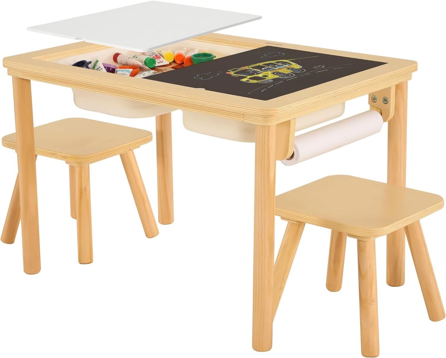 Sensory Table with Double Panel with 2 Chairs, Multifunctional Wooden Sand Table and Water Table for Kids