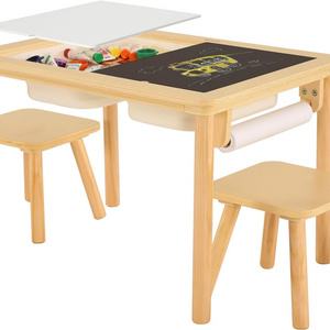 Sensory Table with Double Panel with 2 Chairs, Multifunctional Wooden Sand Table and Water Table for Kids