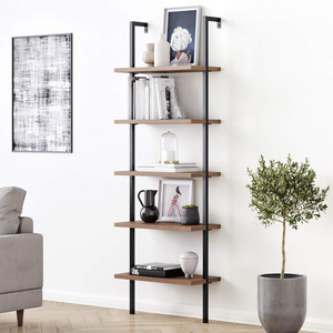 5 Shelves Oak Modern Bookcase Open Wall Mounted Ladder Bookcase with Industrial Black Metal Frame