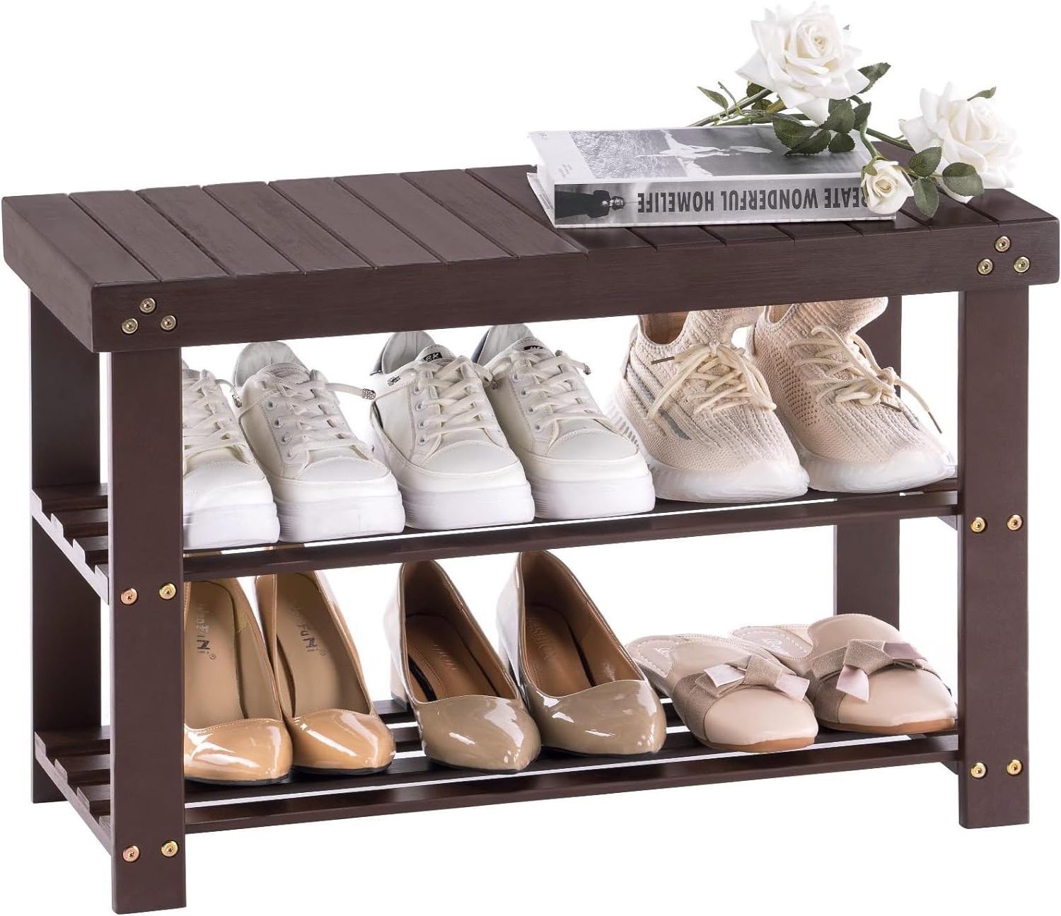 Bamboo Shoe Rack for Entryway, 3-Tier Shoe Rack Bench for Front Indoor Entrance, Small Shoe Organizer with Storage