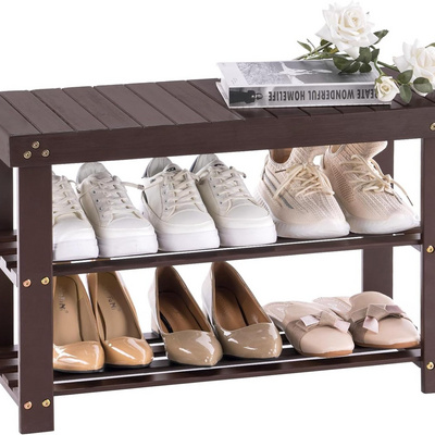 Bamboo Shoe Rack for Entryway, 3-Tier Shoe Rack Bench for Front Indoor Entrance, Small Shoe Organizer with Storage