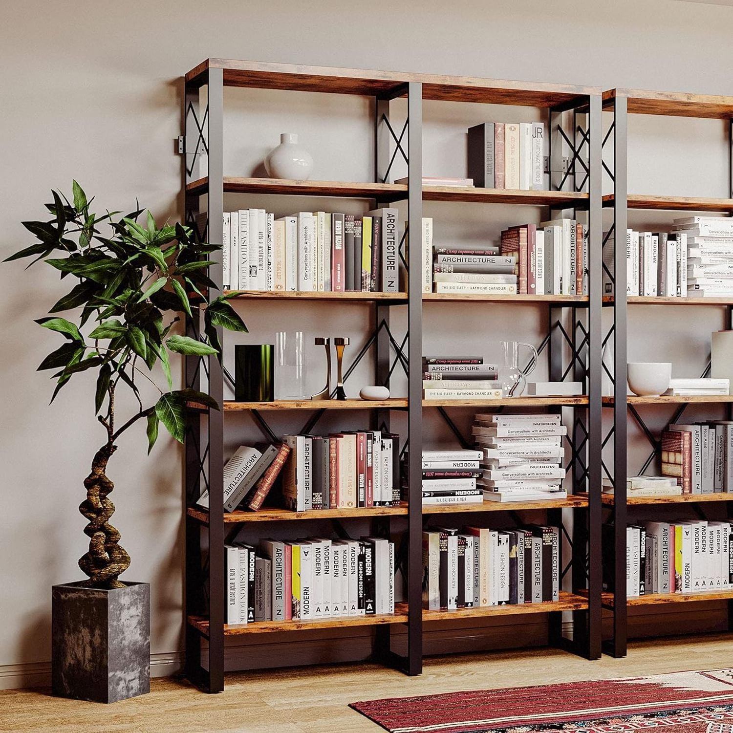 Bookshelf Double Open Large Bookcase Industrial Style Shelves Wood and Metal Bookshelves for Home Office Easy Assembly