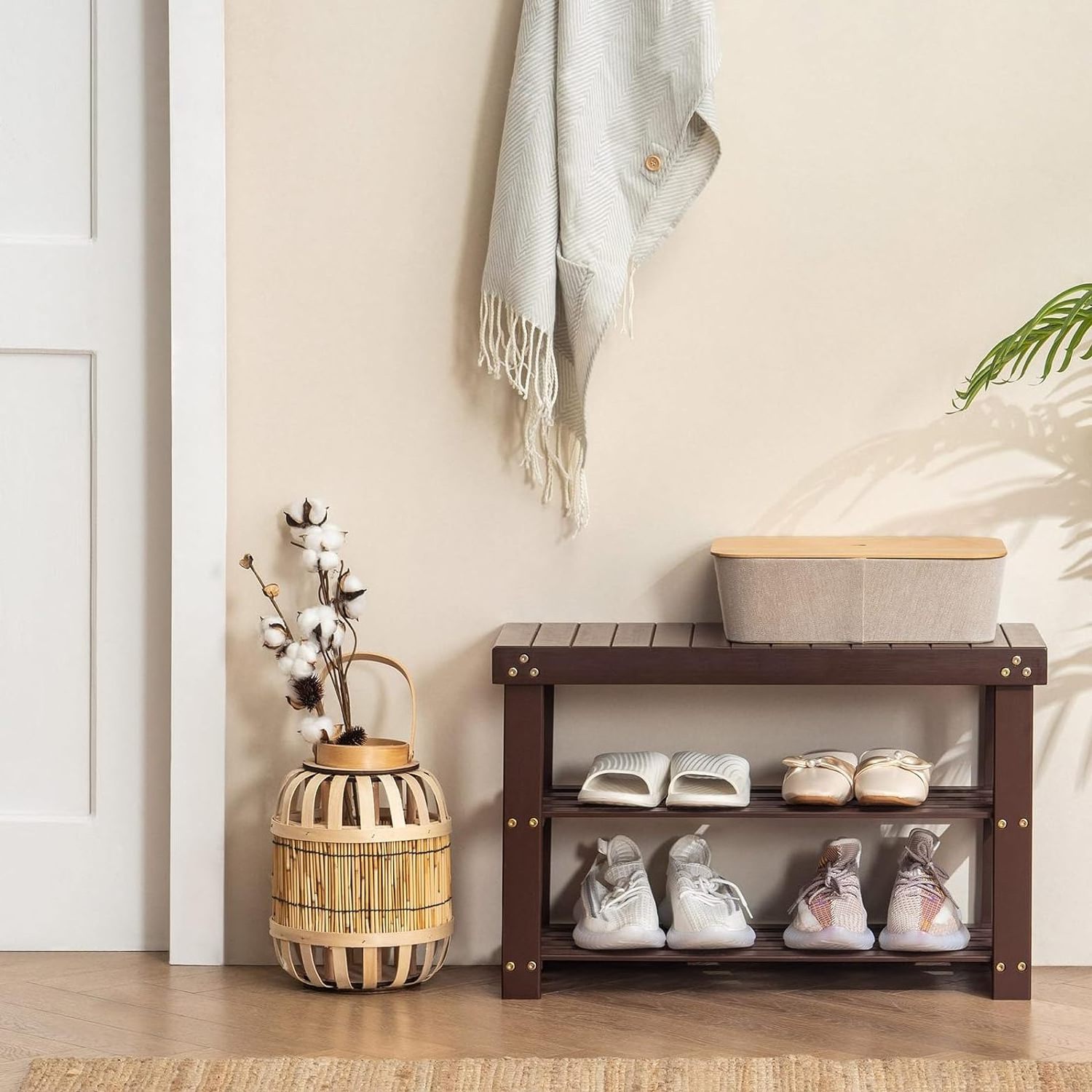 Bamboo Shoe Rack for Entryway, 3-Tier Shoe Rack Bench for Front Indoor Entrance, Small Shoe Organizer with Storage