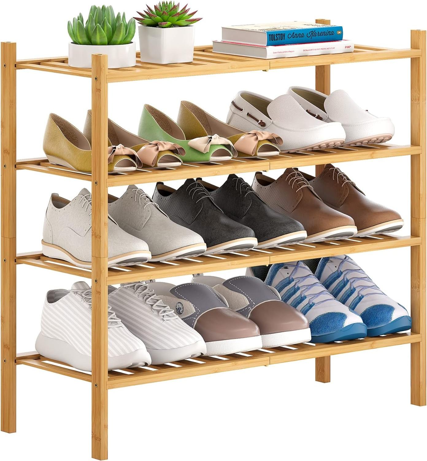 Bamboo Shoe Rack Stackable Shoe Shelf Storage Organizer for Unit Entryway Hallway and Closet Freestanding Shoe Shelf 4 Tier