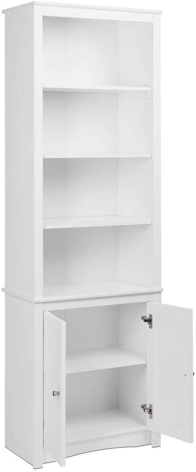 4-Tier Standing Tall Bookcase with 2 Shaker Doors White for Living Room Bedroom Library