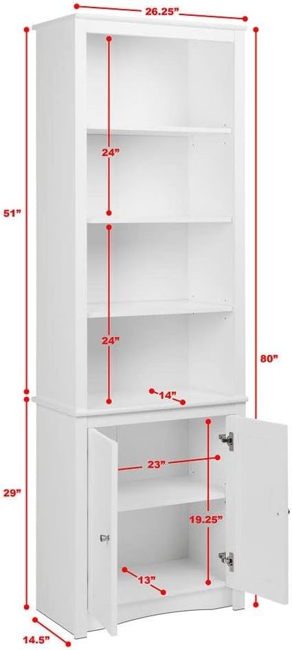 4-Tier Standing Tall Bookcase with 2 Shaker Doors White for Living Room Bedroom Library