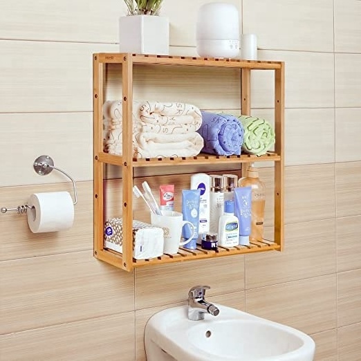 Bamboo Bathroom Shelf 3-Tier Multifunctional Adjustable Layer Rack Wall Mounted Utility Storage Organizer Towel Shelves