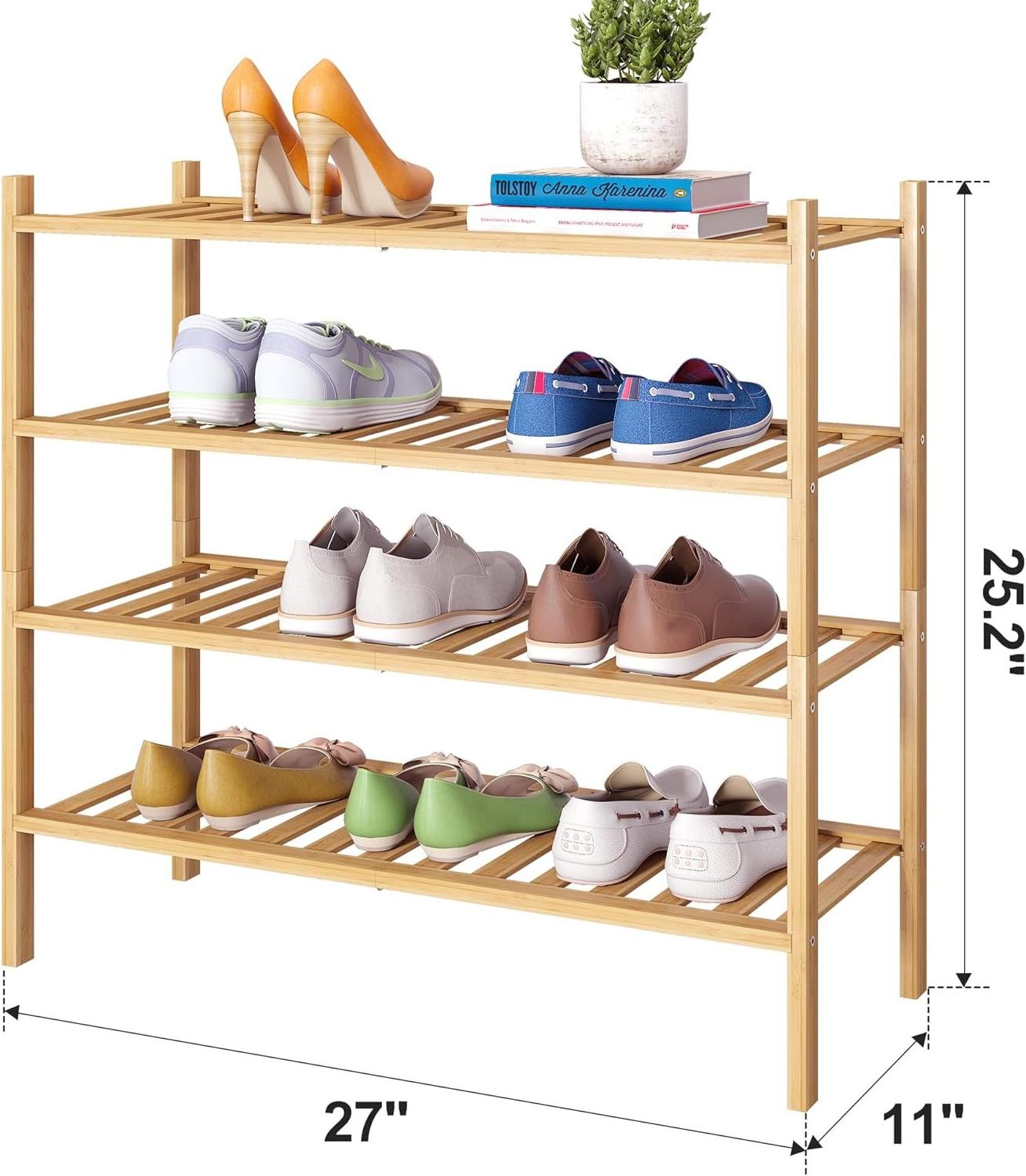 Bamboo Shoe Rack Stackable Shoe Shelf Storage Organizer for Unit Entryway Hallway and Closet Freestanding Shoe Shelf 4 Tier