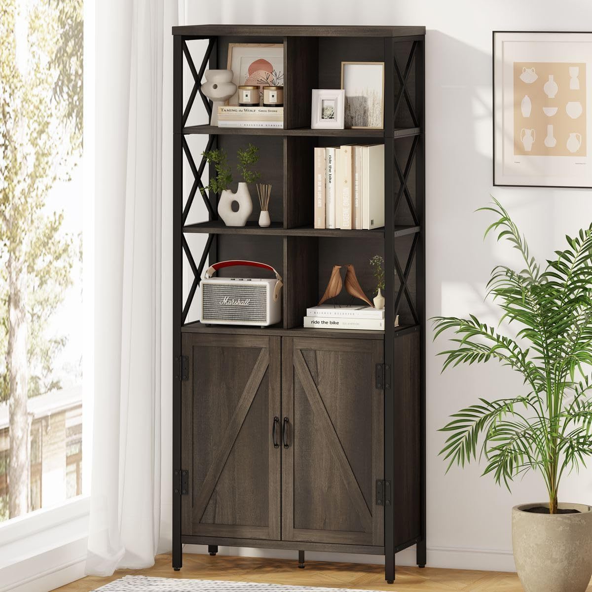 Country Bookcases with Doors Industrial Wooden Bookshelves Cabinets Tall Cabinet Bookshelves and Cube Storage Shelves