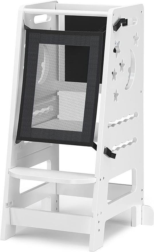 Modern Adjustable Height with Learning Black & White Activity Board Bamboo Toddler Kitchen Stool for Kids Step Stool