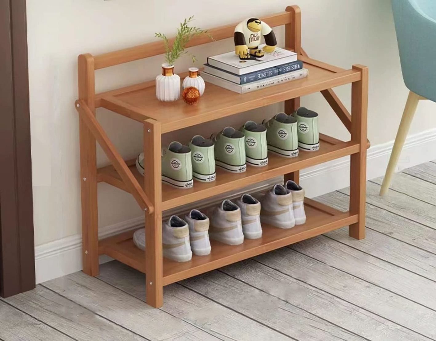 Portable Free Standing Shoe shelf, Bamboo Foldable Stackable Shoes Rack Organizer for Porch Entrance