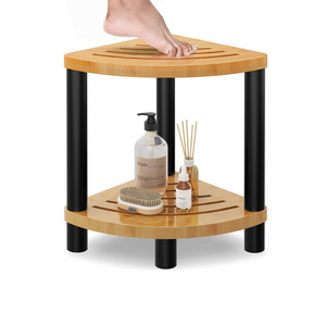 Metal and Bamboo Corner Shower Stool for Shaving Legs, Shower Benches for Inside Shower, Bathroom Seat and Foot Rest