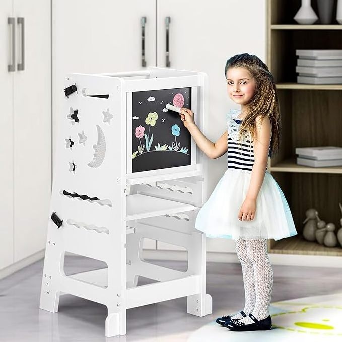 Modern Adjustable Height with Learning Black & White Activity Board Bamboo Toddler Kitchen Stool for Kids Step Stool