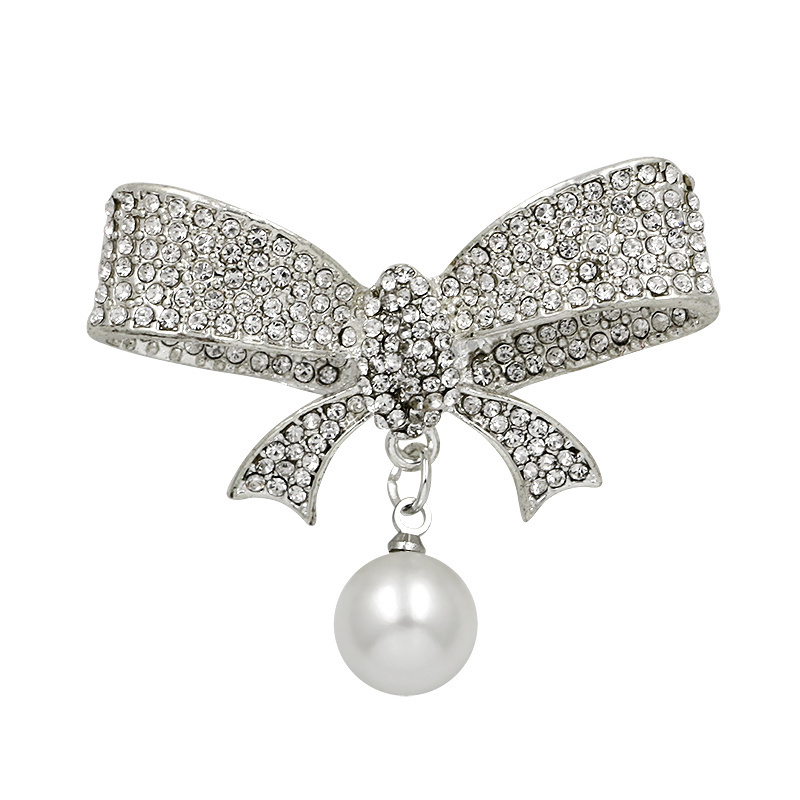 Factory Direct Sale Crystal Rhinestones and Pearl Drop Bow Chic Brooches Jewelry