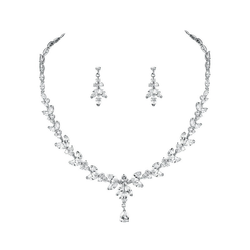 Elegant Teardrop and Marquise Cubic Zirconia CZ Necklace Earring Bridal Wedding Jewelry Set in White Gold  / Rose Gold Plated