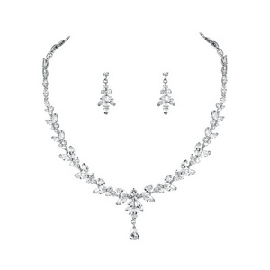 Elegant Teardrop and Marquise Cubic Zirconia CZ Necklace Earring Bridal Wedding Jewelry Set in White Gold  / Rose Gold Plated