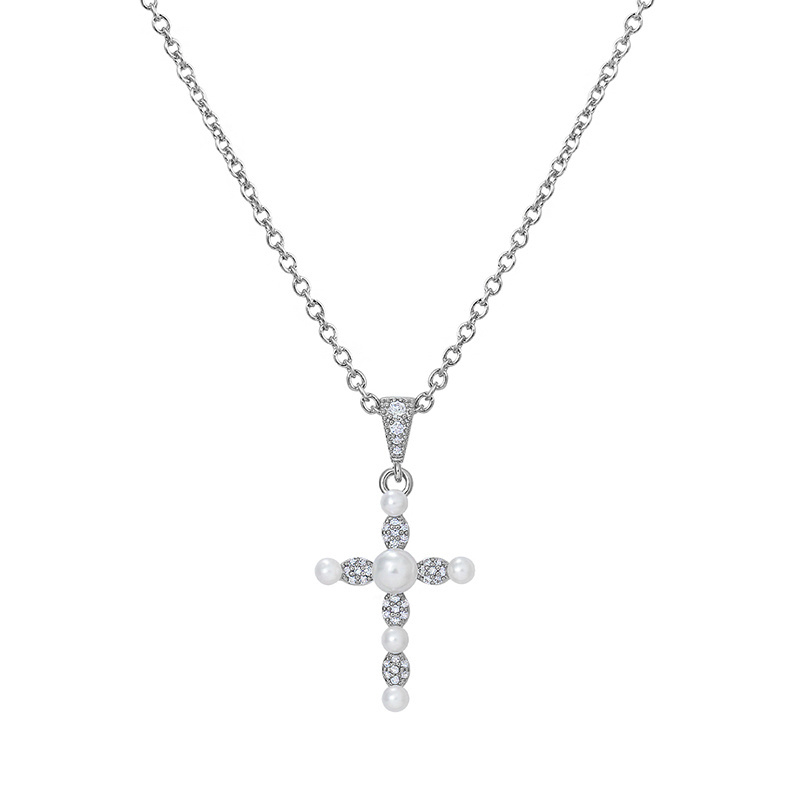 Exquisite Cubic Zirconia and Shell Pearl Cross Pendant Necklace for Women Sparkly Jewellery