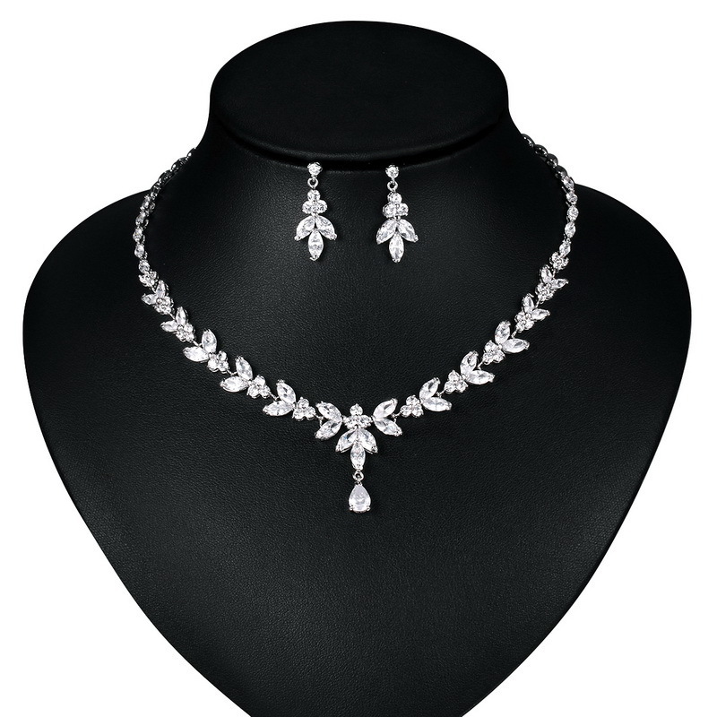 Elegant Teardrop and Marquise Cubic Zirconia CZ Necklace Earring Bridal Wedding Jewelry Set in White Gold  / Rose Gold Plated