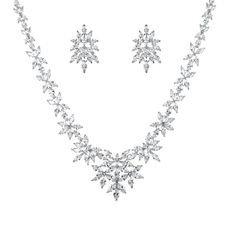 High Quality Luxury Marquise Cut Floral Cubic Zirconia CZ Crystal Necklace and Earring Wedding Bridal Jewelry Sets