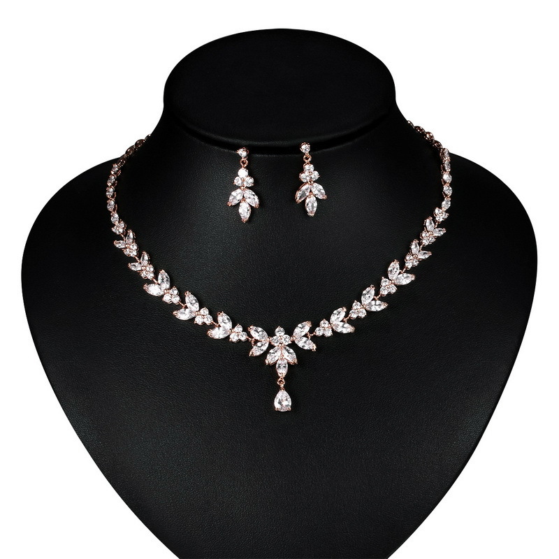 Elegant Teardrop and Marquise Cubic Zirconia CZ Necklace Earring Bridal Wedding Jewelry Set in White Gold  / Rose Gold Plated