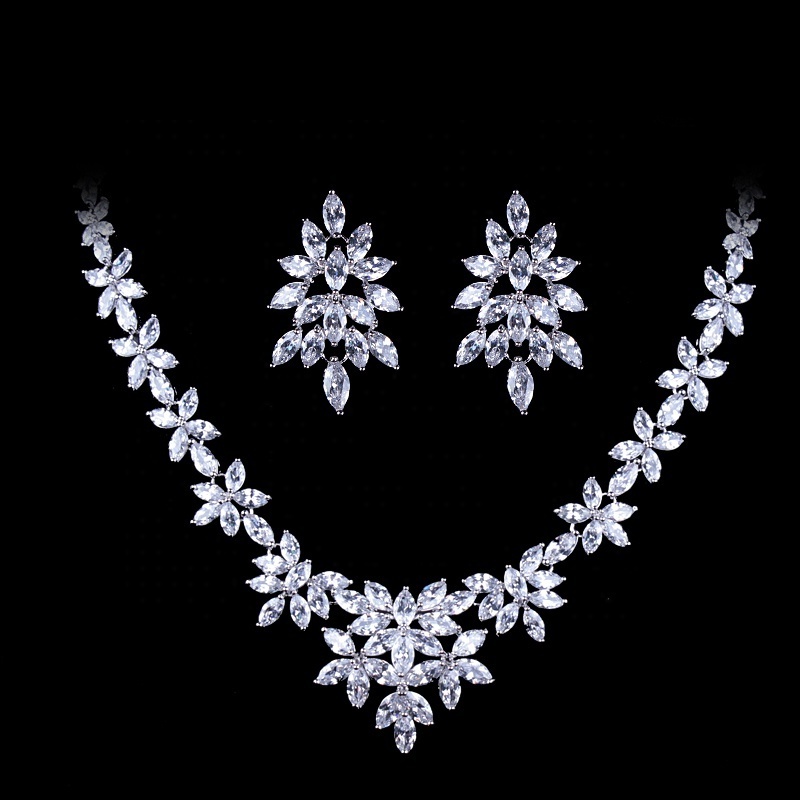 High Quality Luxury Marquise Cut Floral Cubic Zirconia CZ Crystal Necklace and Earring Wedding Bridal Jewelry Sets