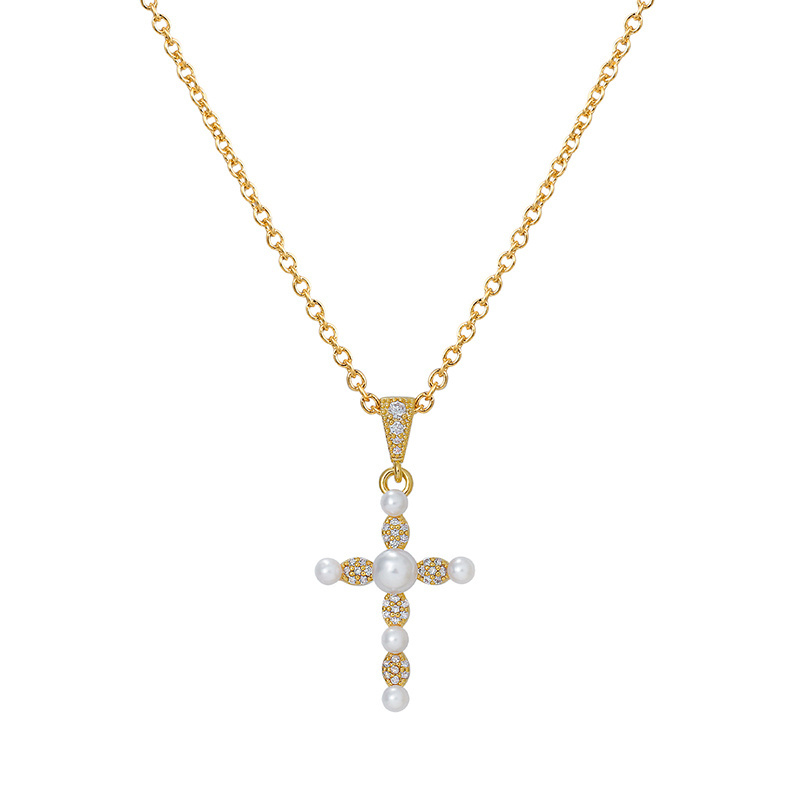 Exquisite Cubic Zirconia and Shell Pearl Cross Pendant Necklace for Women Sparkly Jewellery