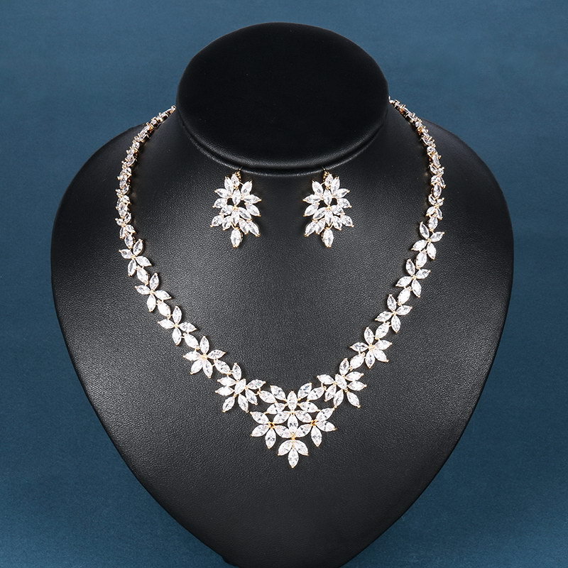 High Quality Luxury Marquise Cut Floral Cubic Zirconia CZ Crystal Necklace and Earring Wedding Bridal Jewelry Sets