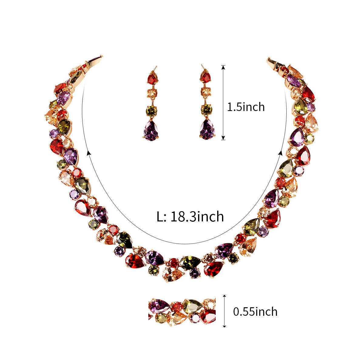 Large Teardrop Cubic Zirconia Rainbow Color Gold Plated Romantic Women's Necklace and Earrings Wedding Mona Lisa Jewelry Set