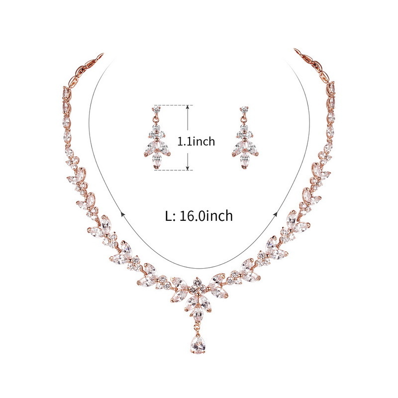 Elegant Teardrop and Marquise Cubic Zirconia CZ Necklace Earring Bridal Wedding Jewelry Set in White Gold  / Rose Gold Plated