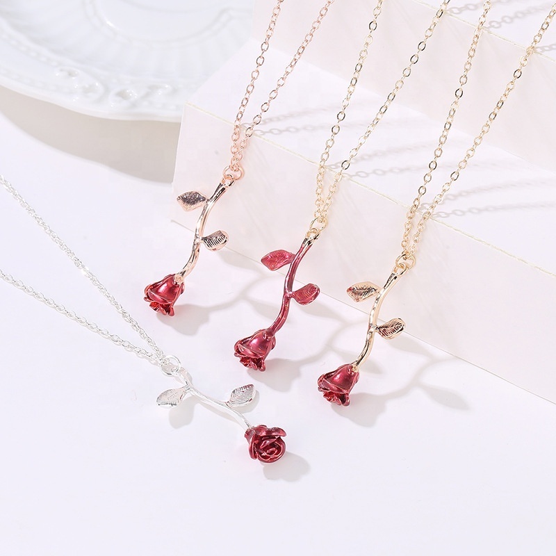 Red Rose Flower Necklace Gold/Rose gold/Silver/Red Charm Pendant Necklace Collier Bijoux Femme Women Jewelry Party Gift