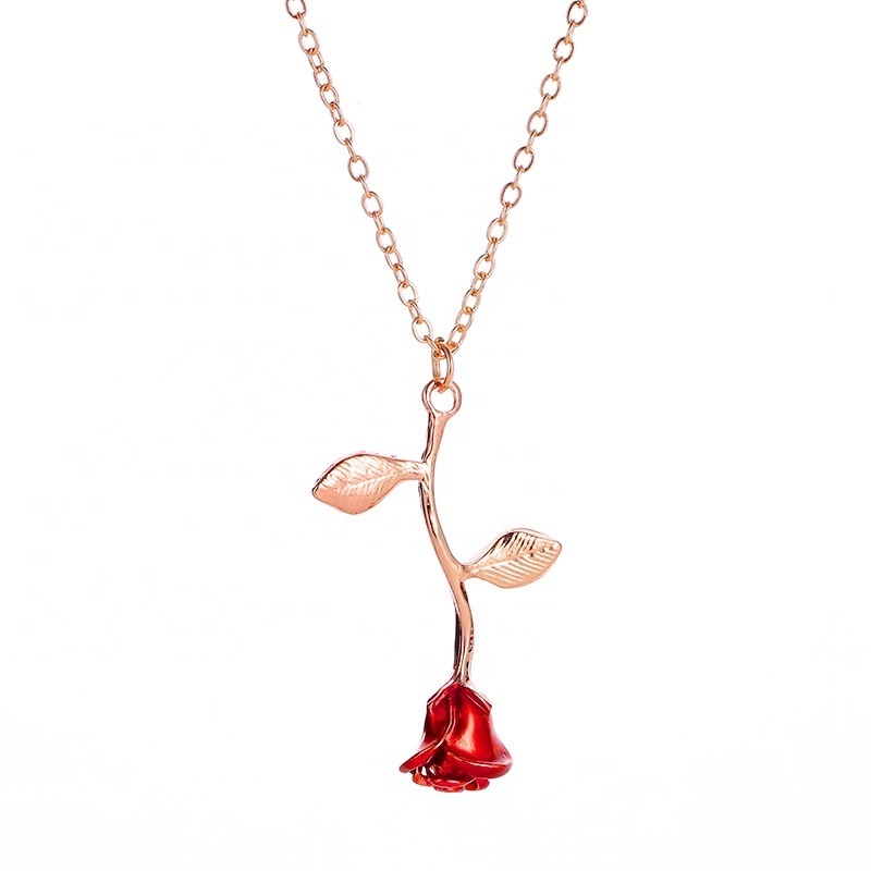 Red Rose Flower Necklace Gold/Rose gold/Silver/Red Charm Pendant Necklace Collier Bijoux Femme Women Jewelry Party Gift