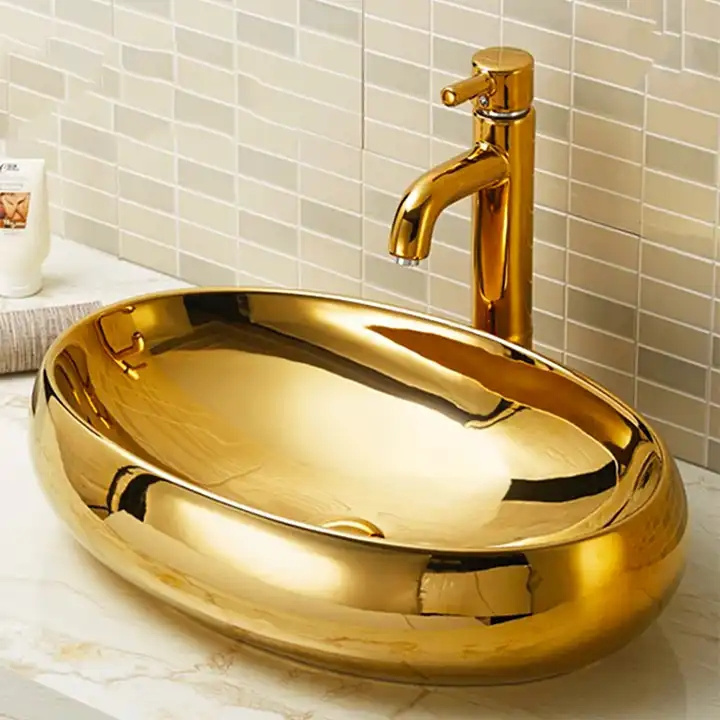 Luxury Royal Ceramic Wash Basin Sink Washbasin Oval Sink Art Basin Gold Plated Wash Basin For Bathroom