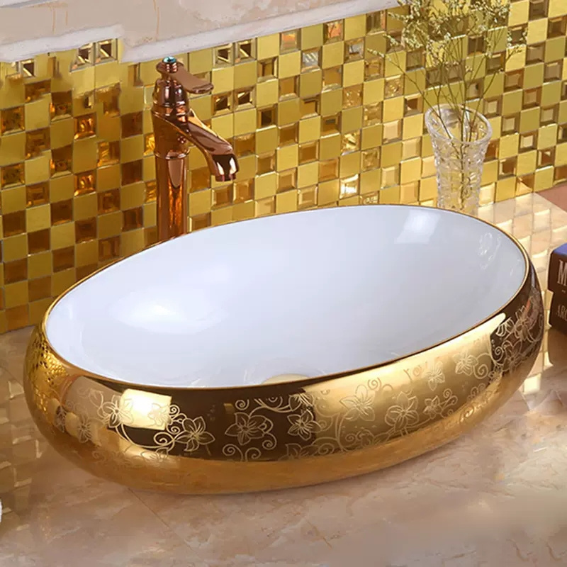 Luxury Royal Ceramic Wash Basin Sink Washbasin Oval Sink Art Basin Gold Plated Wash Basin For Bathroom