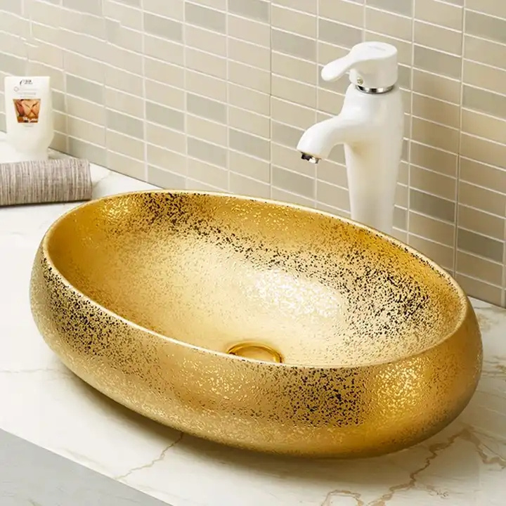 Luxury Royal Ceramic Wash Basin Sink Washbasin Oval Sink Art Basin Gold Plated Wash Basin For Bathroom