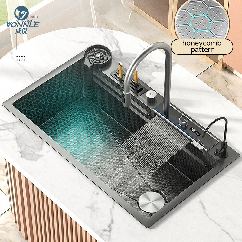 Stylish LED ambient light multifunction kitchen sink waterfall sink Single bowl kitchen sink