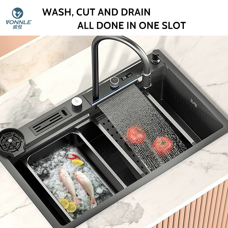 Stylish LED ambient light multifunction kitchen sink waterfall sink Single bowl kitchen sink