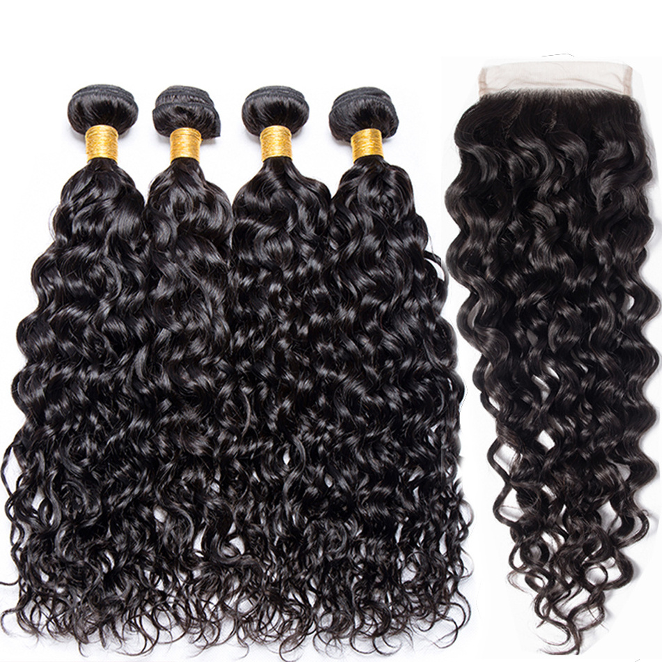 Water Wave 3 Bundles With Closure Human Hair Bundles with Closure Middle Part Human Hair Non Remy Weave