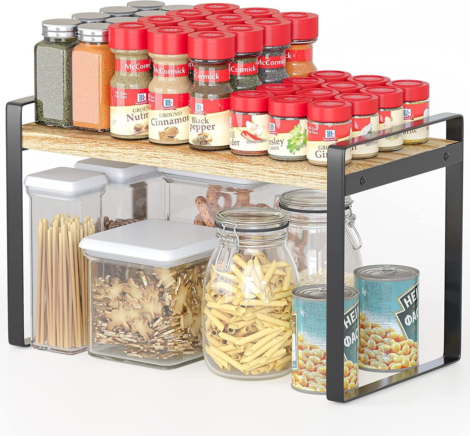 Best Sale Cabinet Pantry Shelf Riser Countertop Organizer Heavy Duty Metal + Wood Cupboard Stand Spice Rack Under Sink Shelf