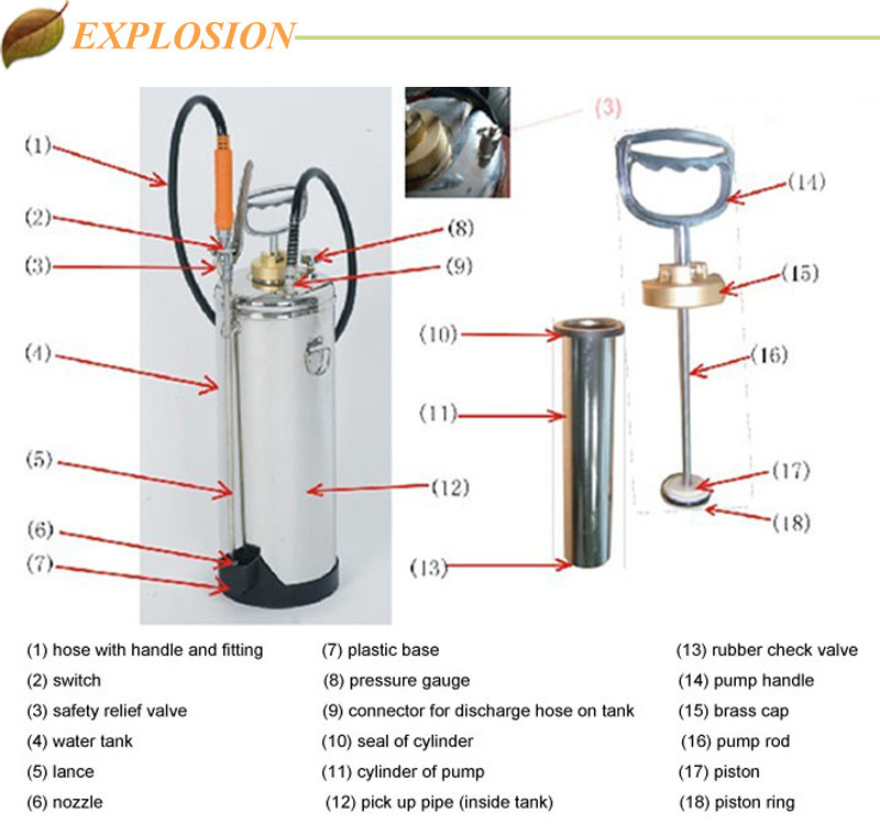 5L stainless steel water metal pressure sprayer for pest control, disinfection and so on